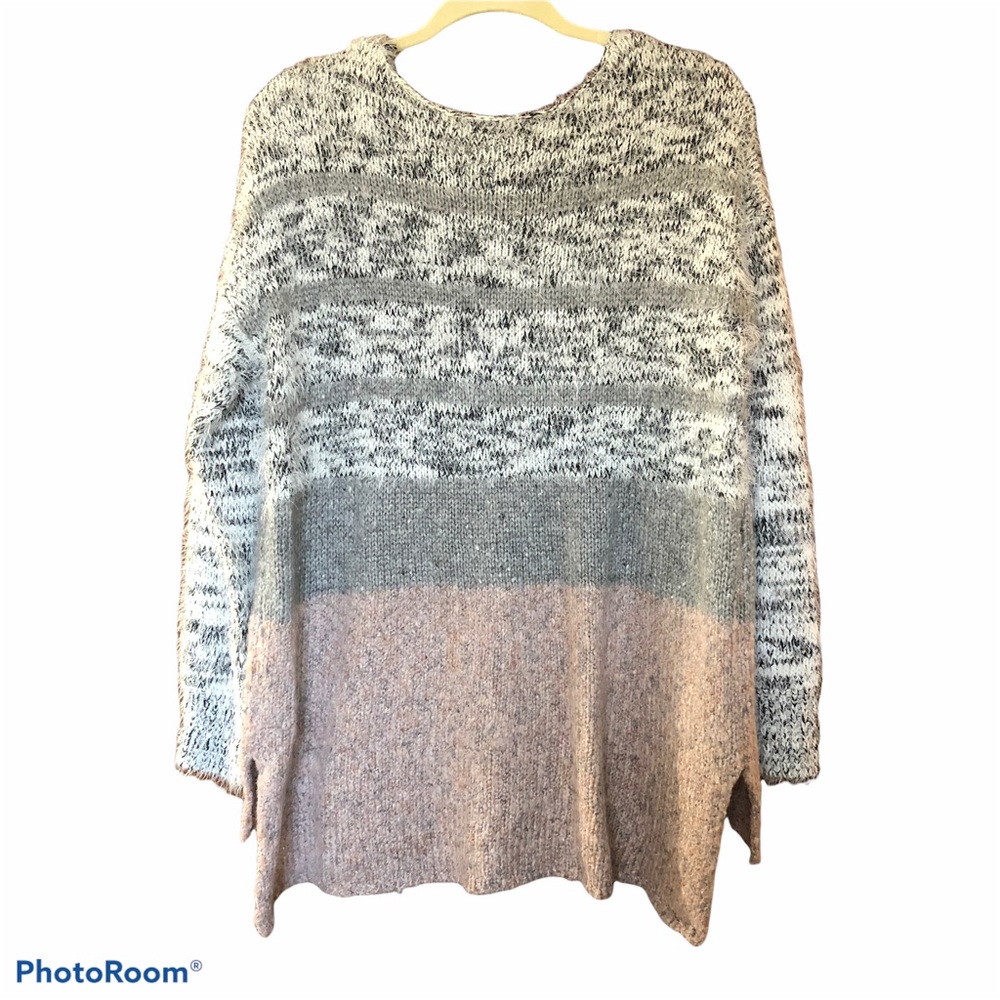 BAR III Wool Blend Hi Lo Eyelash Yarn Pullover Sweater Color Block  Sz Large - Picture 2 of 6